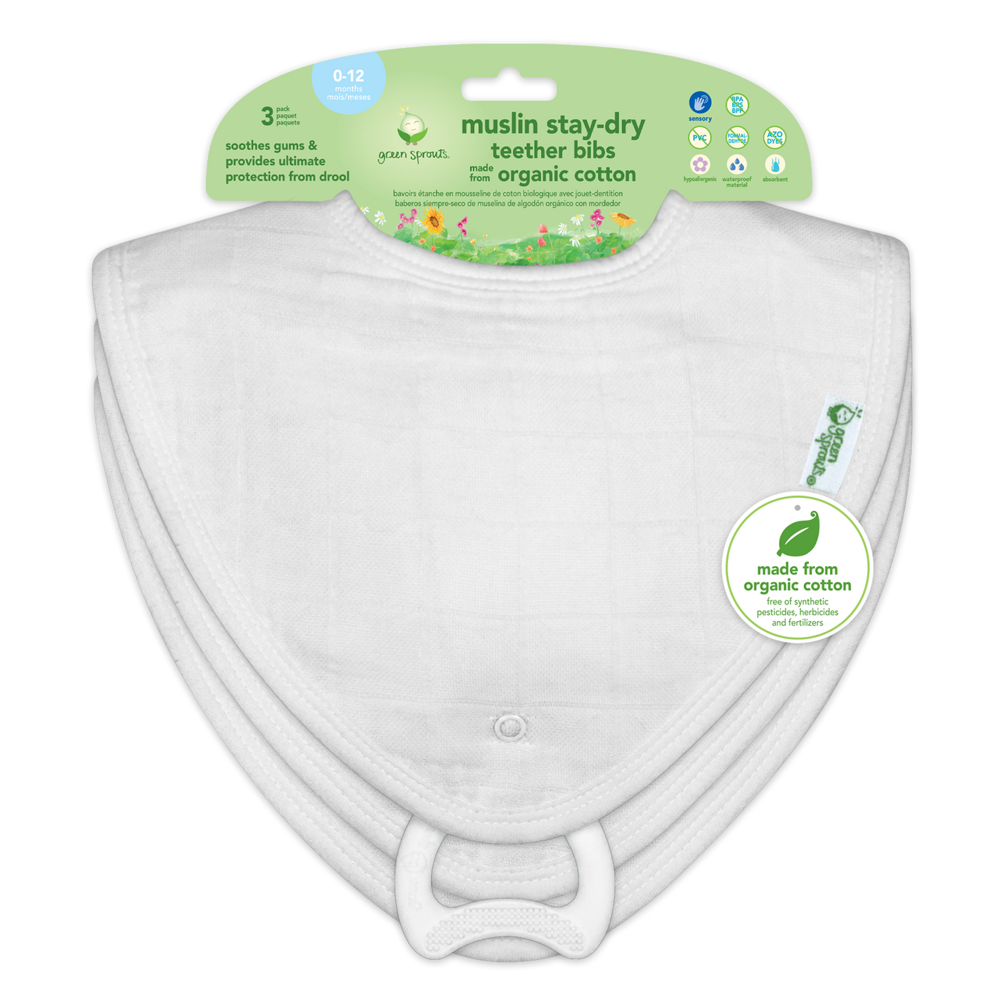 Muslin Stay-dry Teether Bibs 3pk White