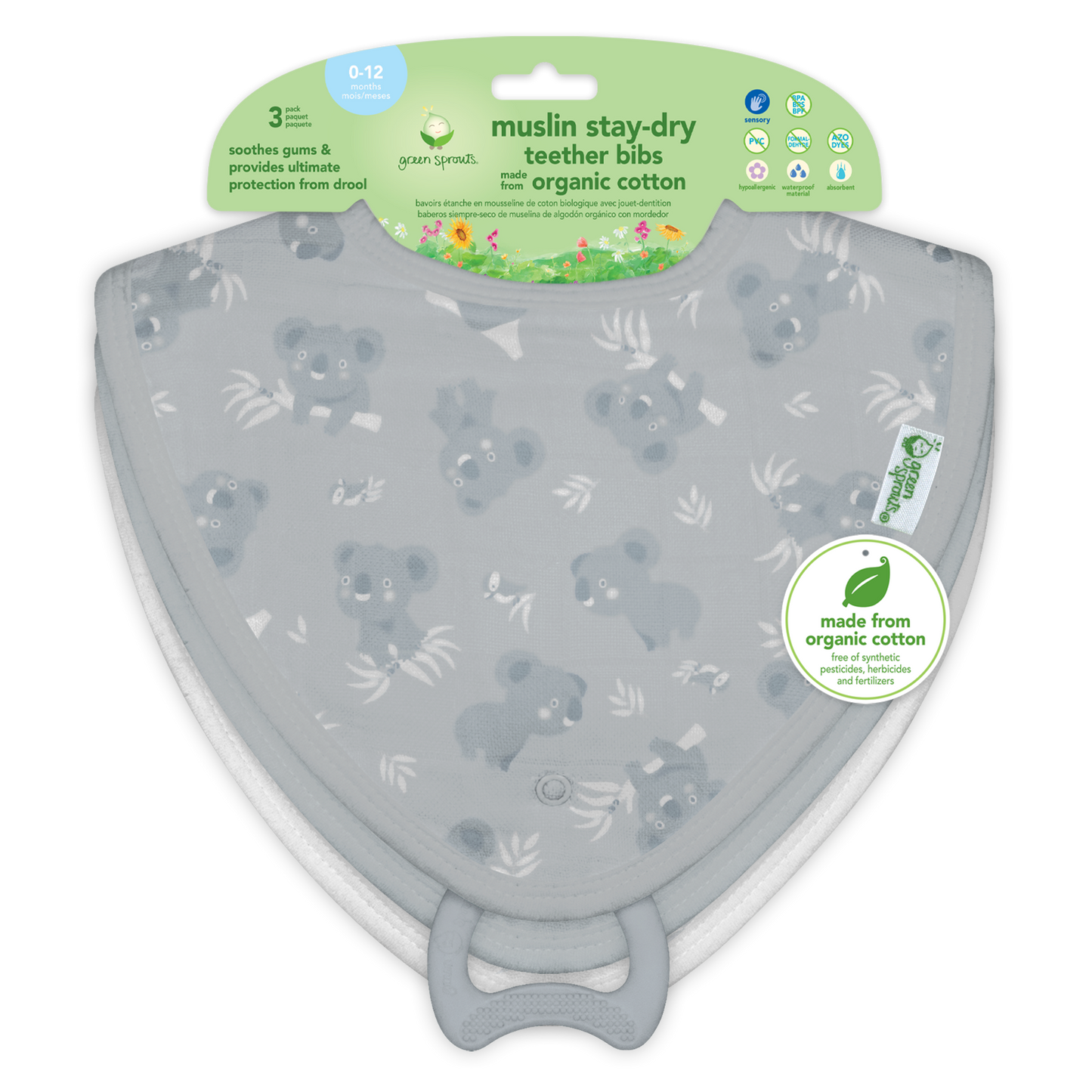Muslin Stay-dry Teether Bibs 3pk Grey