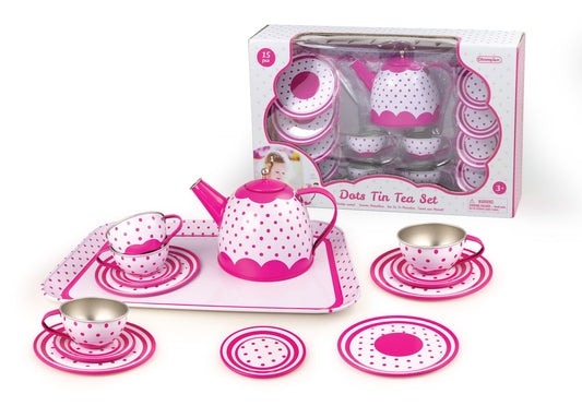 15pcs Pink Polka Dot Tin Tea Set.